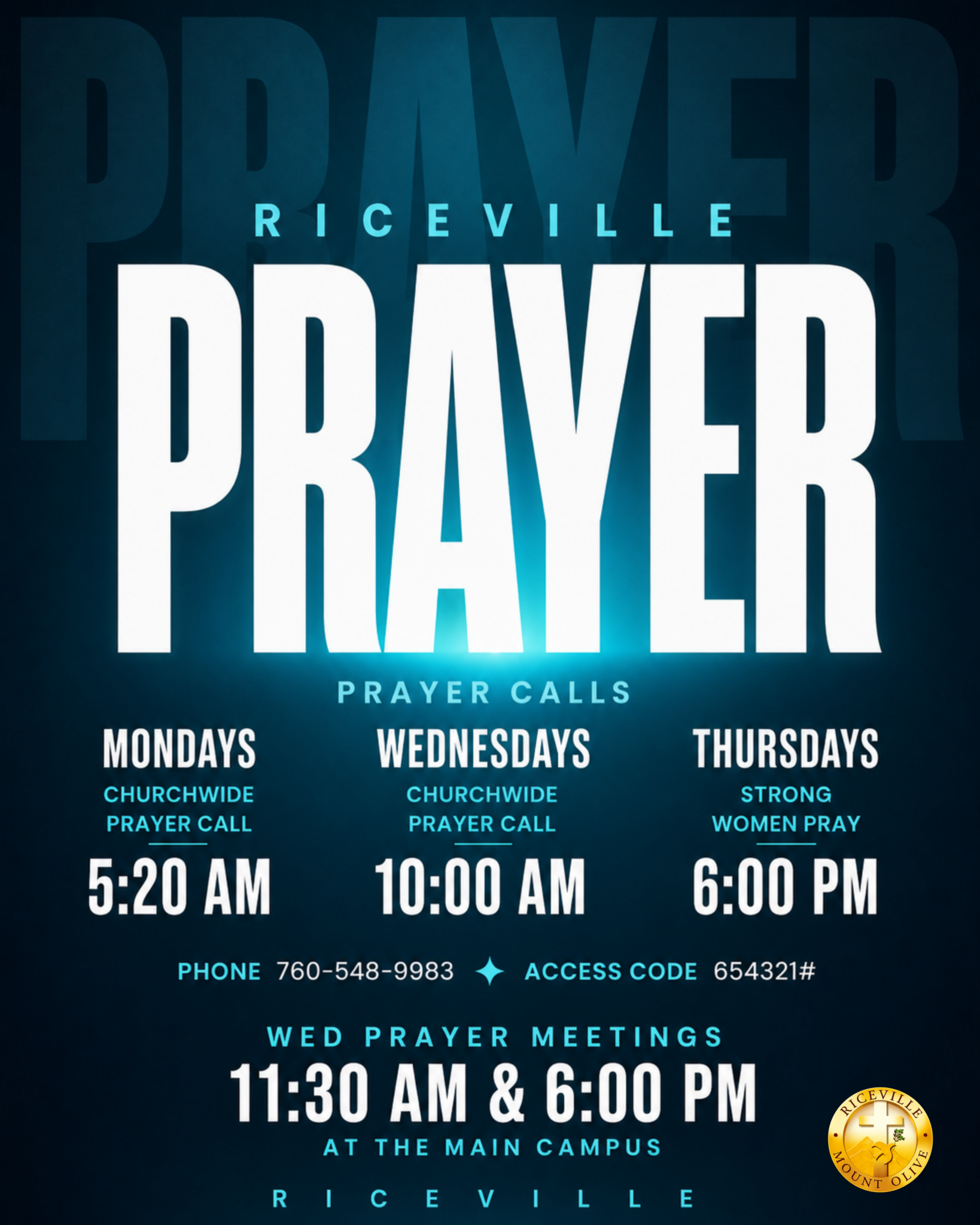 Riceville Prayer Calls Stay connected in prayer throughout the week with Riceville’s churchwide prayer calls and in-person prayer meetings. There is power in prayer. 🙏🏾✨